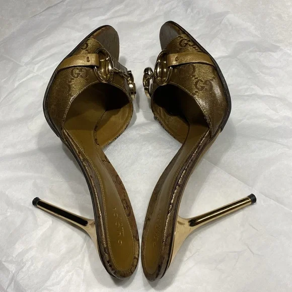 GUCCI Crystal Horsebit GG Heeled Monogram Gold Stiletto Mules size 8 & dust bag - Picture 14 of 17